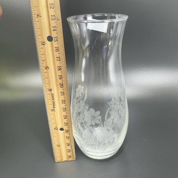 Vintage Pasabahce Etched Glass Vase Clear Floral Pattern With Sticker Turkey VTG - Picture 2 of 11